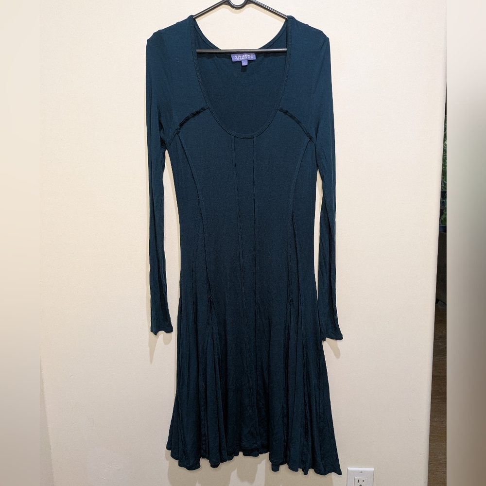 Vivienne Vivienne Tam Jersey Knit Blue A-Line Dress Long Sleeve Scoop Neck Small
